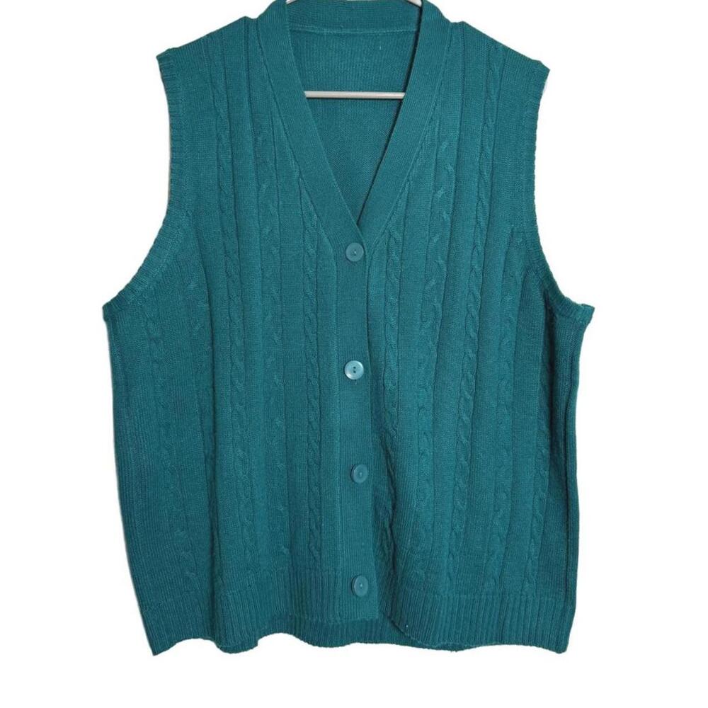 Vintage 90s Teal Cable Knit Sweater Vest with Buttons